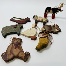 Collection Of 8 Vintage Folk Art Wooden Ornaments