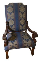 Stunning Antique Oversized Throne Chair With Blue And Gold Ulpohstery