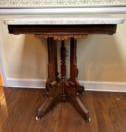 Antique Eastlake Marble Top Parlor Table Side Table Elegant Carved Wood Circa 1880