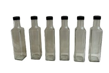 Set Of Six 8.5' Tall Glass Bottles With Plastic Caps