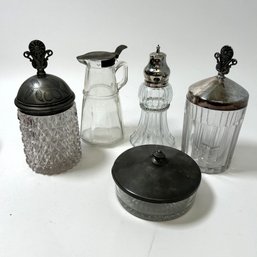 Five Clear Glass Containers With Metal Lids, Pewter, Silver Plate