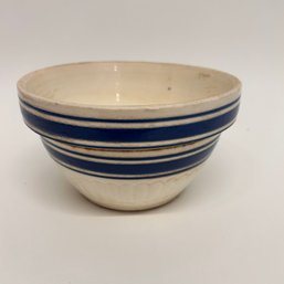 Vintage White Stoneware Mixing Bowl With Blue Stripes