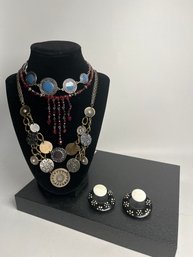 Stackable Necklace Set With Different Styles Jewelry. Includes Pair Of Earrings. Lot #7