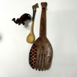 Trio Of Carved Wooden Animals & Serving Spoon - Elephant, Giraffe, Zebra