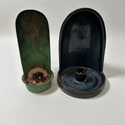 Pair Of Tapered Candlestick Holders, Ceramic & Metal