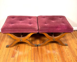 Pair Of Mid-Century Regency Style Burgundy Wine Red Upholstered Footstools
