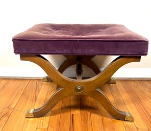 Single Deep Purple Upholstered Footstool Brass Accents