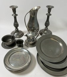 A Large Pewter Lot Of Metalware - Pitchers, Candlesticks, Plates, & More!