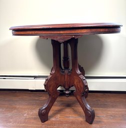 Antique Eastlake Victorian Oval Top End Table Walnut With Burl Wood Accent Circa 1890
