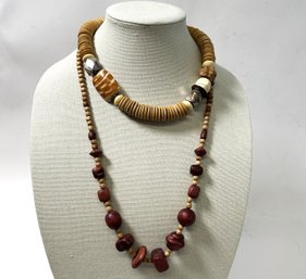 Pair Of Statement Necklaces: One With Wooden Beads, One Beaded With A Shell Bead