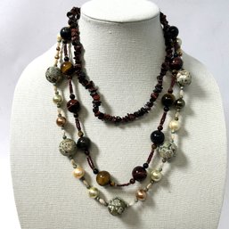 Trio Of Genuine Stone Necklaces, Including Moss Agate, Tiger's Eye, And More!