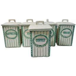 Set Of 5 Gorgeous Vintage Czech Opalescent Green & White Lidded Canisters, Kitchen Canisters