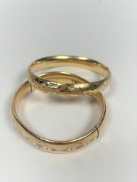 A Pair Of Vintage Gold Etched Cuff Expandable Bracelets, One Stamped 14k
