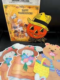 Mixed Vintage Paper Holiday Decorations, Including Paper Jack'o'Lanternm Thanksgiving Puzzle