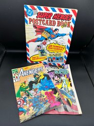 Lot Of 3 Superhero Books: Marvel Avengers Comic, Silver Surfer, And DC Super Heroes Postcard Book