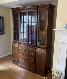 Gorgeous Lighted Two Piece Wooden Hutch With Glass Display Top