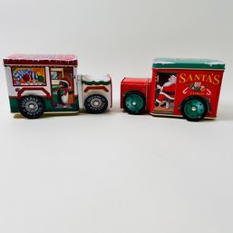 Pair Of Tin Box Company Christmas Candy Tin Containers Shaped Like Trucks