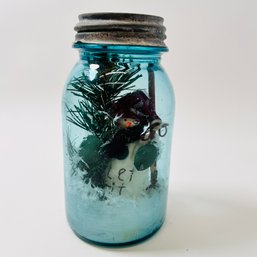 Ball Mason Blue Jar With Snowman Scene