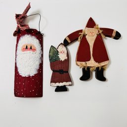 Three Wooden Hanging Santa Ornaments