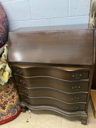 Antique Serpentine Front Drop Front Secretary Desk  With 4 Drawers And Lots Of Storage