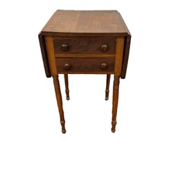 Early 1800s Antique Drop Leaf, Two Drawer Side Table