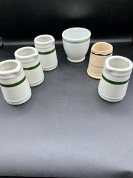 A Great Grouping Of Mini Stoneware Creamers & Green Striped Canisters