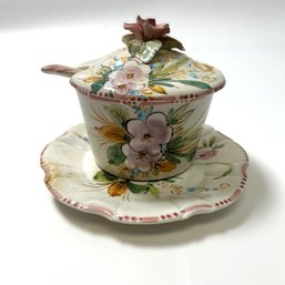 Hand Painted Italian Pottery Lidded Sugar Bowl With Underplate