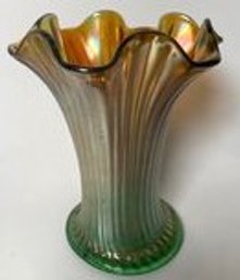 Beautiful Antique Northwood Green And Orange Carnival Glass Vase