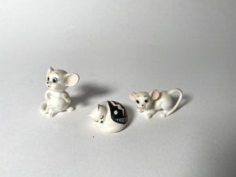 Small Pottery Sleeping Cat And 2 Porcelain Mice Made In Occupied Japan