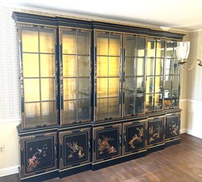 Exquisite Black Lacquered Chinoiserie Breakfront China Display Cabinet With Cabinets And Drawers