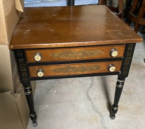Hitchcock Black And Brown End Table With Harvest Stenciling And Eagle Pulls.