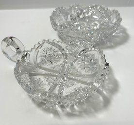 Pair Of Cut Glass Round Trinket Dishes, One With A Handle