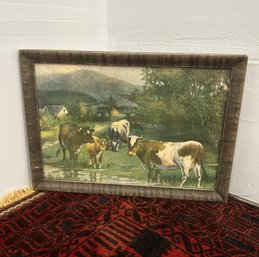 Antique Farm Cattle Cow Print With Wooden Frame