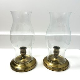Pair Of Brass & Glass Hurricane Lamps Candlestick Holders