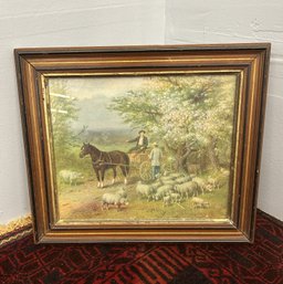 Lovely Antique Print, Horse & Carriage With Sheep & Lambs, Great Country Decor