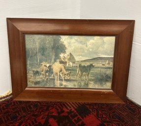 Antique Cow Print, Great Farm Print, In Wide Wooden Frame, 1906 By Buffalo Fine Arts Academy