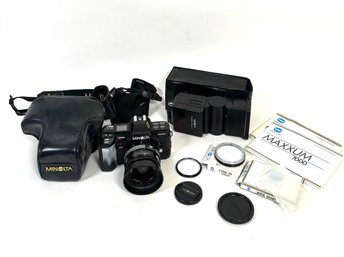 Minolta Maxxum Lot!! Maxxum 7000 Camera, Case, Maxxum 4000 AF Flash, Filters, Manuals, And Lens Caps