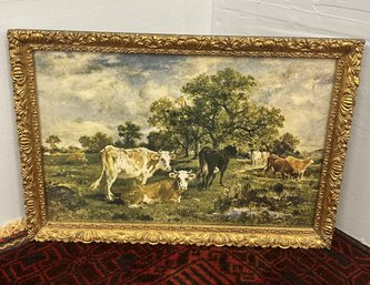 A Lovely Antique Country Cattle Print With Ornate Gold Frame