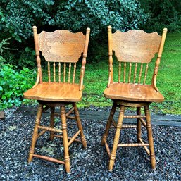 A Pair Of Highback Solid Oak Wood Carved Bar Stools