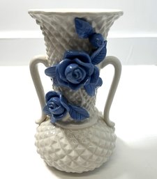 Double Handled Japanese Pottery Vase With Blue Flower Decoration