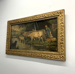 Sweet Antique Farm Print With Cows, Dog, And Sheep In Ornate Antique Giltwood Frame