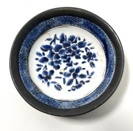 Chinese Hong Kong Ceramic & Pewter Trinket Dish, Hand Painted