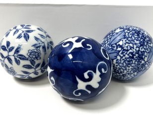 Trio Of Blue & White Decorative Porcelain Balls