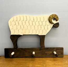 Sweet Wooden Carved Ram Wall Hanging With Pegs - Great Storage & Decor!