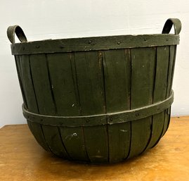 A Fabulous Oversized Wooden Bushel Basket With Bentwood Handles, Painted Green