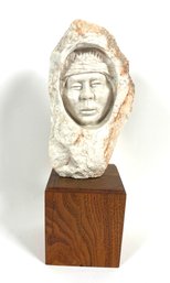 Vintage Native American Portrait Carved Into Stone With Wood Base