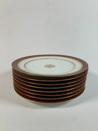 Set Of 8 Maroon And Gold Limoges Dinner Plates