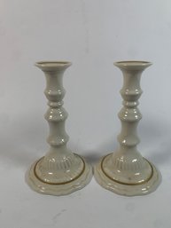 Pair Of Cream With Gold Detail Ceramic Candle Stick Holders