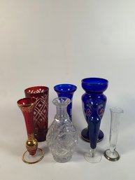 Set Of 7 Glass Vases Including Bohemian Glass.