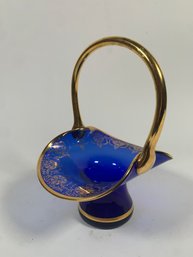 Cobalt Blue And Gold Painted Glass Candy Bowl With Handle